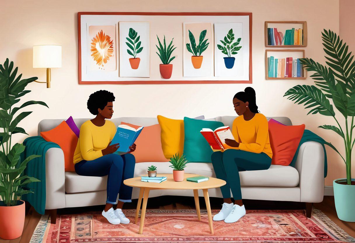 A warm and inviting illustration of two diverse individuals sitting together in a cozy living room, engaged in an open conversation about consent and sexuality. The space is adorned with soft lighting and colorful cushions, symbolizing comfort and openness. A small table with relationship books and a plant adds a touch of warmth. Gentle, reassuring facial expressions highlight the theme of healthy communication and understanding. vibrant colors. cozy atmosphere.