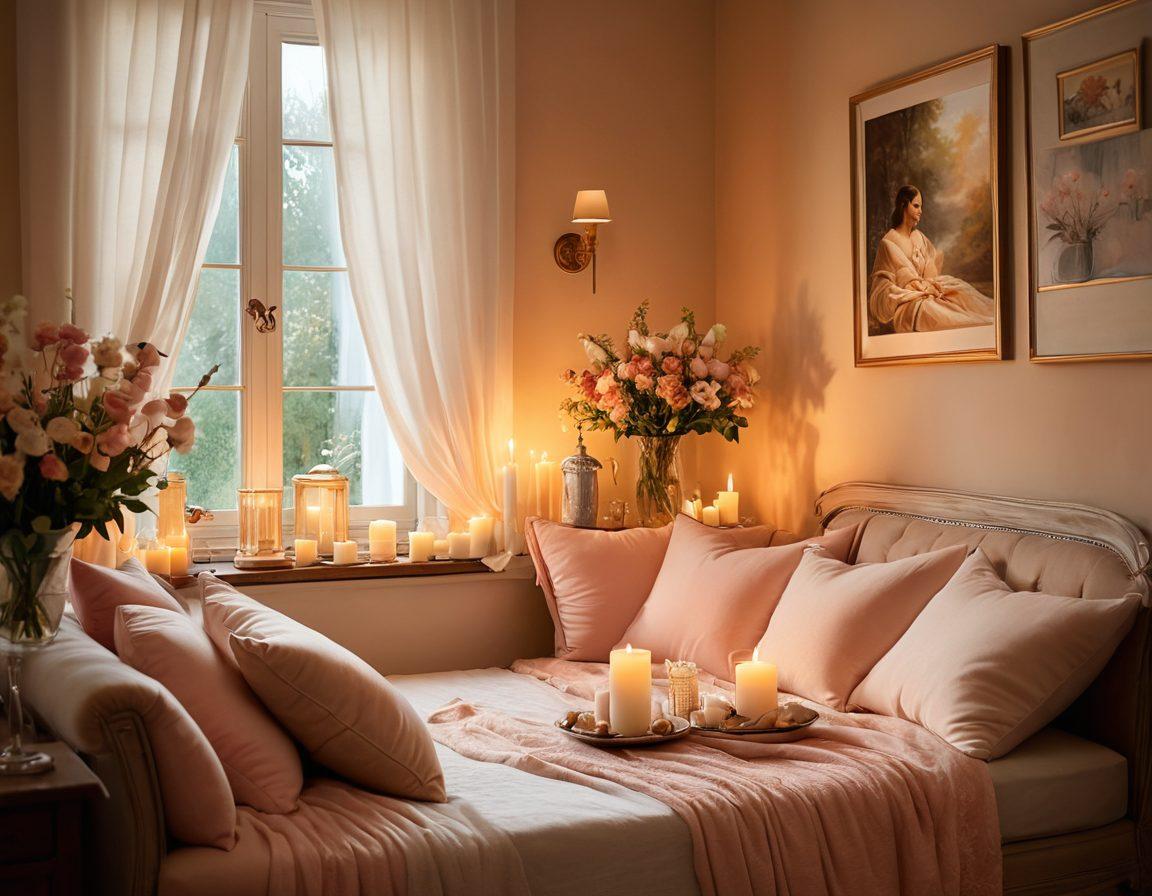 A warm, cozy scene depicting a candlelit room with soft, flowing fabrics and plush cushions, where a couple enjoys a moment of intimacy, surrounded by delicate flowers and romantic decor. The ambiance should exude love, warmth, and pleasure, with hints of sensuality in their expressions and gestures. Include light reflections from candles casting a gentle glow, enhancing the romantic mood. painting. soft colors. warm tones.