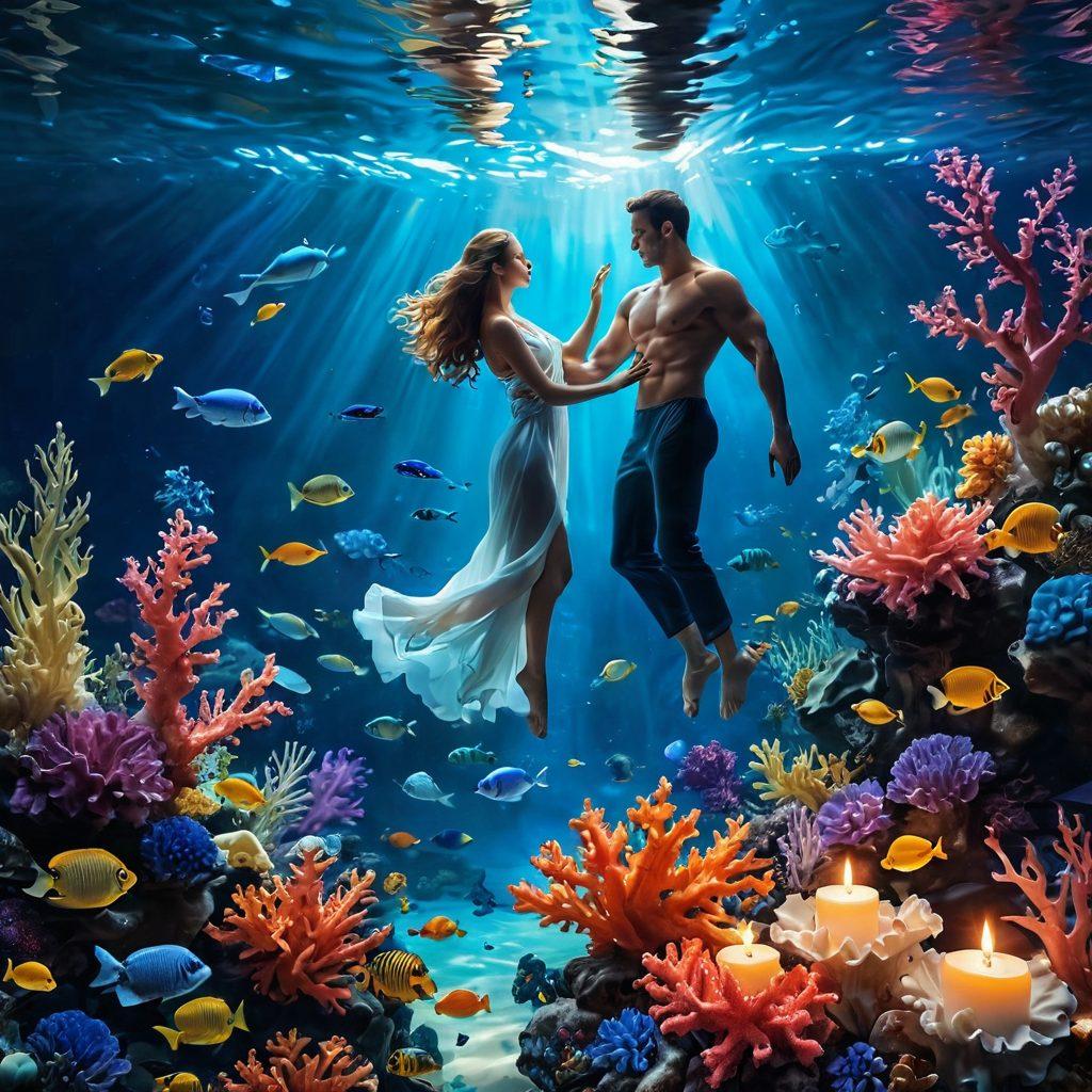 An ethereal underwater scene showcasing diverse figures gracefully exploring vibrant coral reefs, intertwined in a dance of intimacy, surrounded by luminous marine life. Soft, radiant light filtering through the water creates an atmosphere of serenity and warmth, symbolizing connection and sensuality. Include elements of wellness and self-discovery, such as floating candles and gentle waves. super-realistic. vibrant colors. blue background.